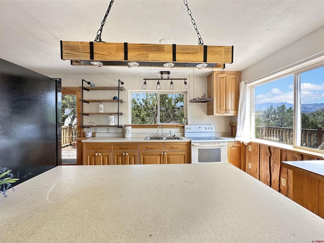 kitchen featuring open shelves, a wealth of natural light, a sink, and white electric range oven