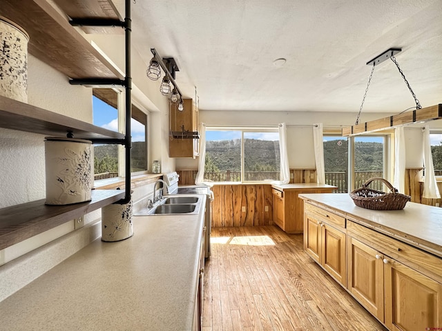 kitchen with light wood-type flooring, a textured ceiling, light countertops, and a sink