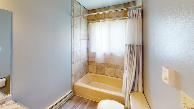 bathroom with a baseboard radiator, toilet, hardwood / wood-style floors, and shower / bath combo