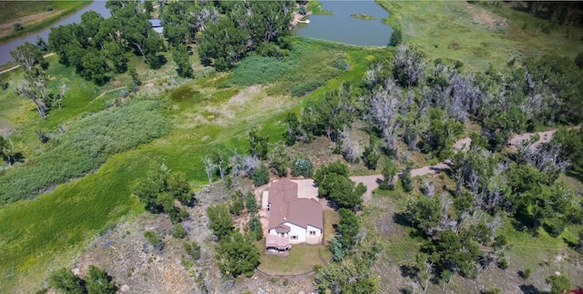 birds eye view of property with a water view