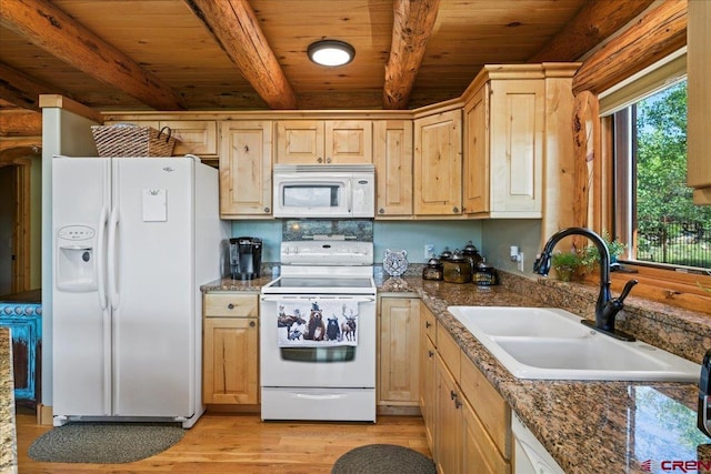 kitchen featuring wooden ceiling, white appliances, light hardwood / wood-style floors, beamed ceiling, and sink