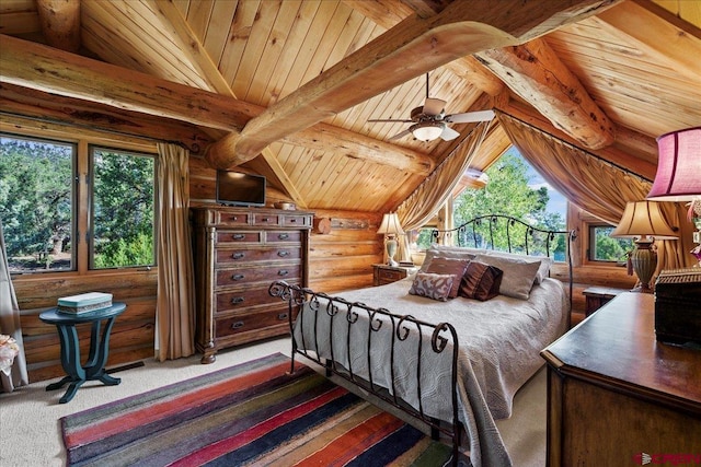 bedroom featuring wooden ceiling, vaulted ceiling with beams, and carpet floors