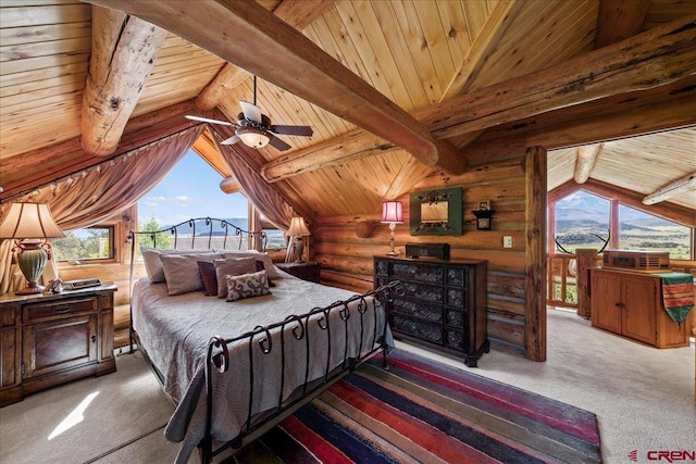 carpeted bedroom featuring ceiling fan, wooden ceiling, and vaulted ceiling with beams