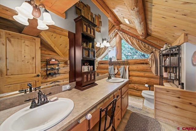 bathroom featuring vanity, wooden ceiling, toilet, lofted ceiling with beams, and rustic walls