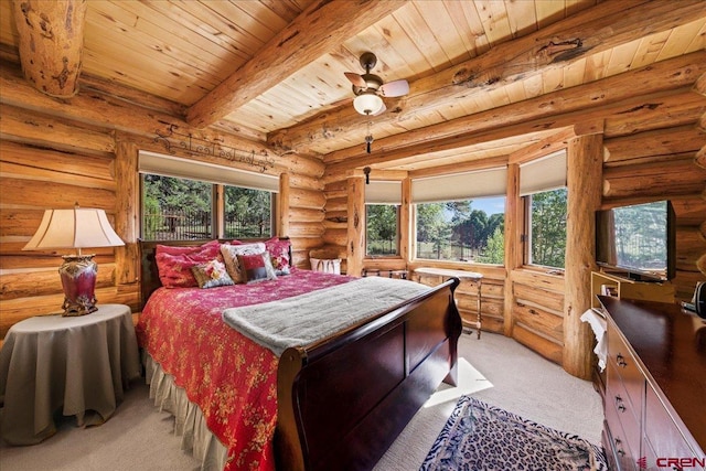 bedroom with beamed ceiling, wood ceiling, light colored carpet, ceiling fan, and rustic walls