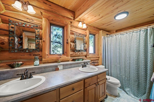 bathroom featuring wood ceiling, toilet, a shower with shower curtain, and vanity