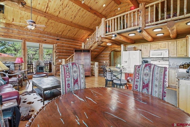 dining room featuring light wood-type flooring, beamed ceiling, high vaulted ceiling, ceiling fan, and wood ceiling