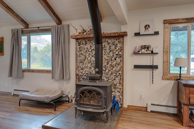 sitting room with baseboard heating, wood finished floors, a wood stove, and a healthy amount of sunlight