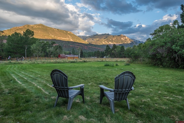 view of yard with a rural view and a mountain view