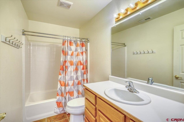 full bathroom featuring vanity, toilet, shower / tub combo, and tile patterned floors