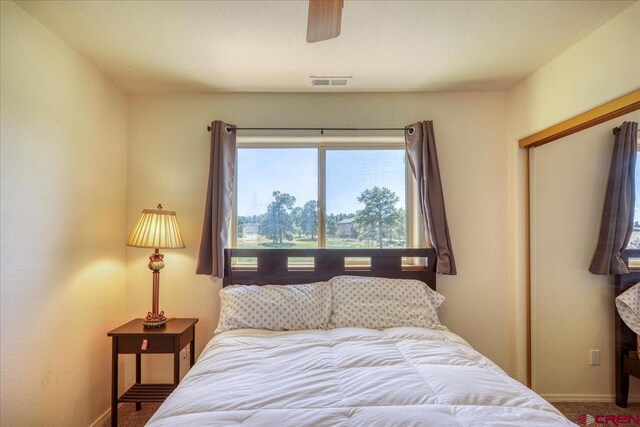 bedroom featuring ceiling fan, a closet, and carpet floors