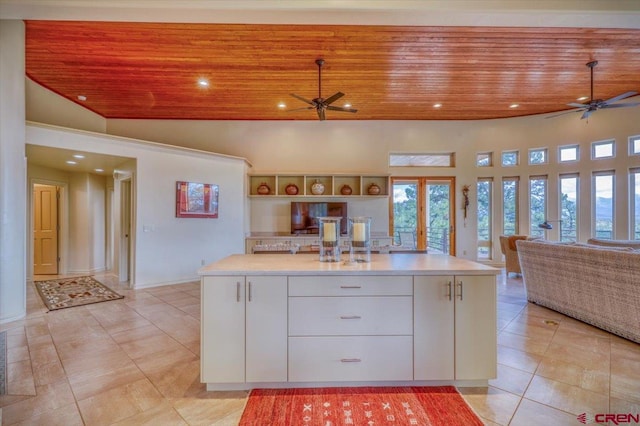 kitchen with ceiling fan, high vaulted ceiling, and wooden ceiling