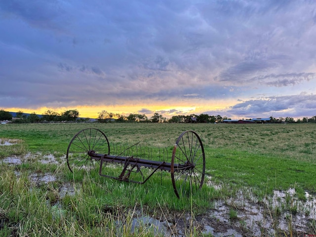 yard at dusk featuring a rural view