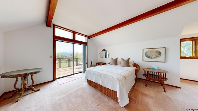 bedroom with light colored carpet, lofted ceiling with beams, multiple windows, and access to outside