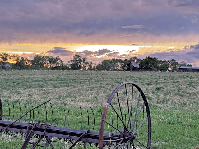 yard at dusk featuring a rural view