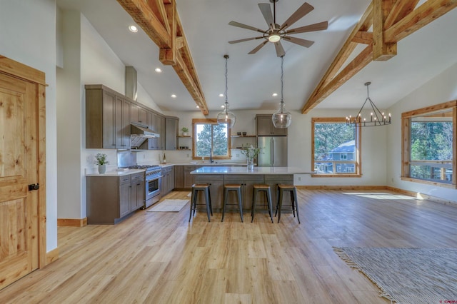 kitchen with light wood-type flooring, ceiling fan with notable chandelier, a kitchen bar, stainless steel appliances, and a center island