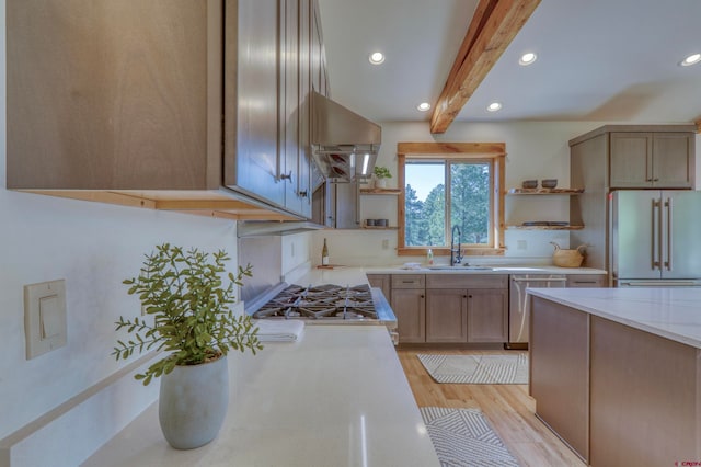 kitchen with light hardwood / wood-style flooring, stainless steel appliances, sink, extractor fan, and beam ceiling