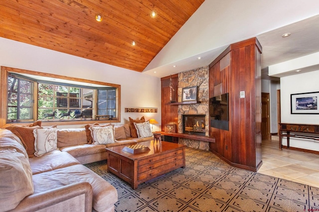 living room featuring high vaulted ceiling, a fireplace, and wooden ceiling