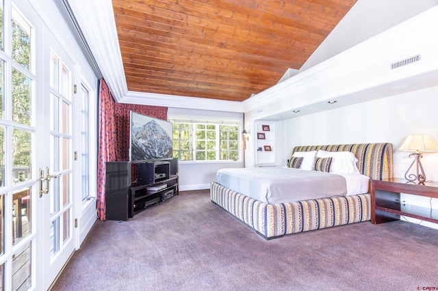 carpeted bedroom featuring crown molding, wood ceiling, lofted ceiling, and french doors