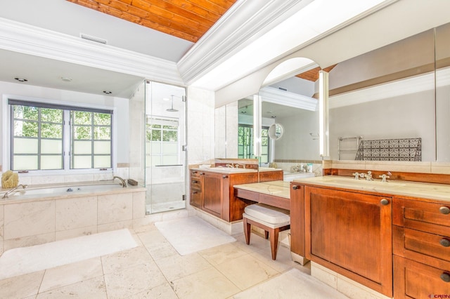 bathroom with crown molding, vanity, plus walk in shower, and tile patterned floors