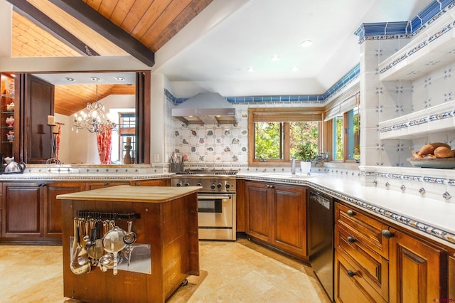 kitchen featuring dishwasher, an inviting chandelier, wooden ceiling, high end stove, and wall chimney exhaust hood