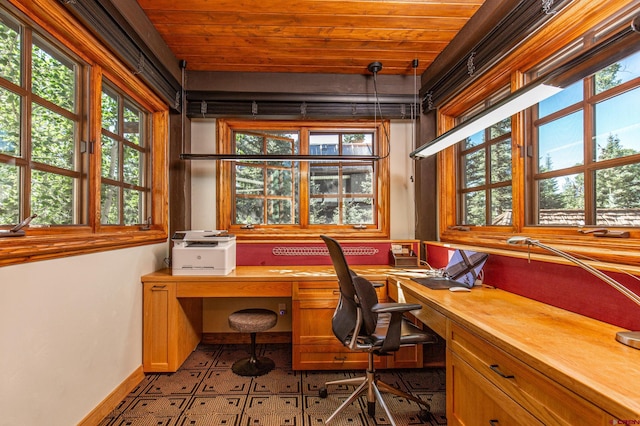 office featuring wood ceiling, built in desk, and a healthy amount of sunlight