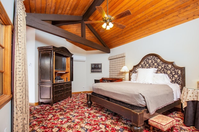 bedroom with wood ceiling, carpet, ceiling fan, an AC wall unit, and vaulted ceiling with beams