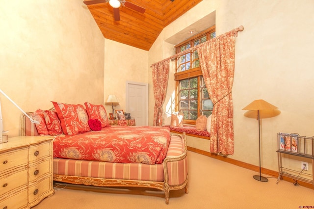 bedroom with wood ceiling, high vaulted ceiling, ceiling fan, and carpet floors