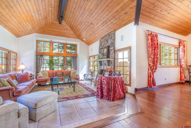 living room featuring wood ceiling, high vaulted ceiling, hardwood / wood-style flooring, and beamed ceiling