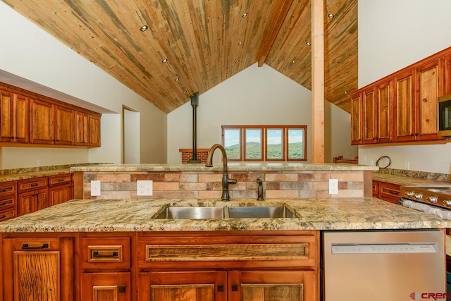 kitchen featuring wood ceiling, light stone counters, stainless steel appliances, sink, and tasteful backsplash