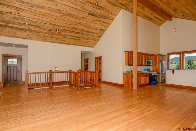 living room featuring wooden ceiling, beamed ceiling, high vaulted ceiling, and light hardwood / wood-style floors