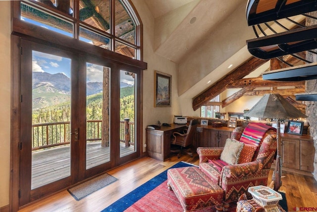 interior space featuring wood-type flooring, french doors, high vaulted ceiling, and a mountain view