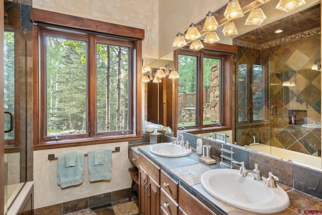 bathroom with an enclosed shower, a healthy amount of sunlight, and vanity