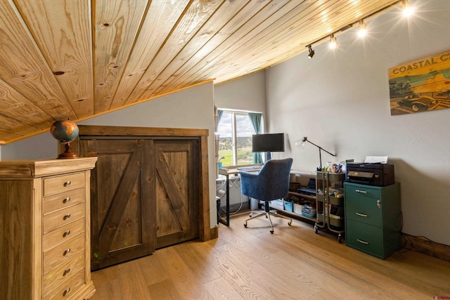 office area with light wood-type flooring, lofted ceiling, rail lighting, and wooden ceiling