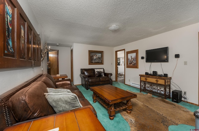 carpeted living room with a baseboard radiator and a textured ceiling