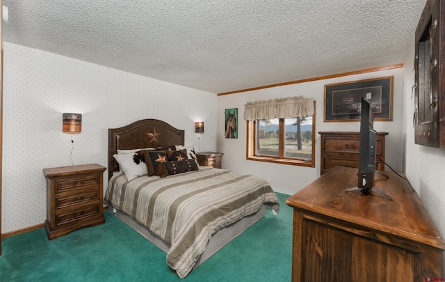 bedroom with a textured ceiling, carpet flooring, and a wood stove