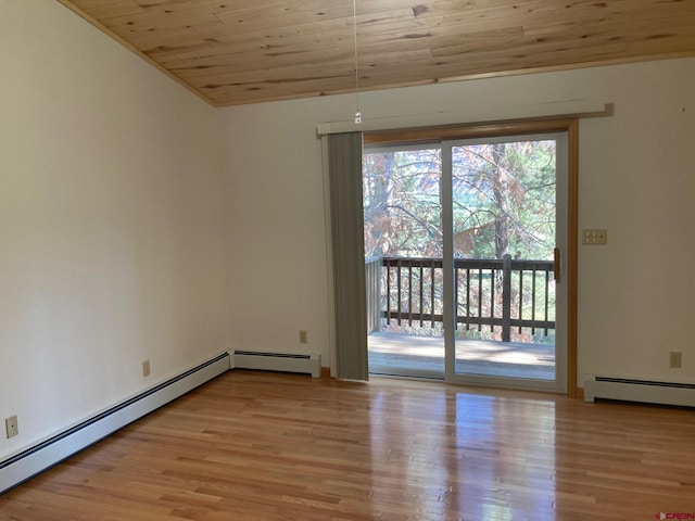 unfurnished room featuring light wood-type flooring, wood ceiling, and a baseboard radiator