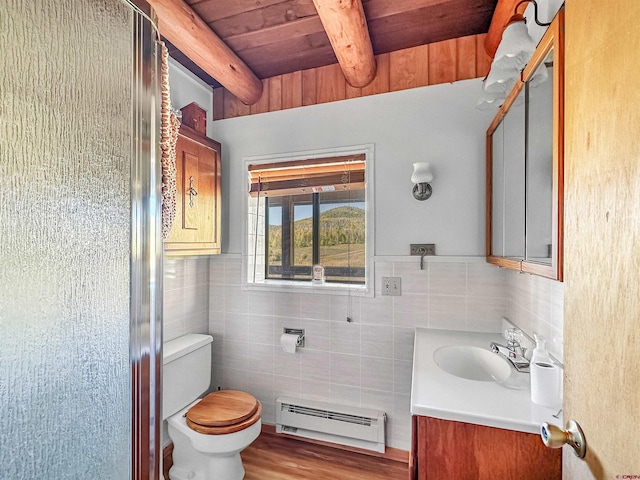 bathroom with vanity, beam ceiling, a baseboard heating unit, wooden ceiling, and toilet