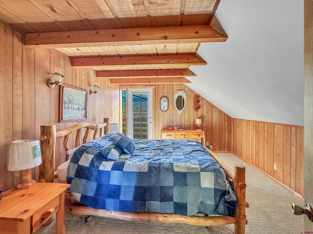 carpeted bedroom featuring vaulted ceiling with beams, wood ceiling, and wood walls