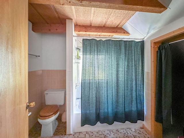 bathroom featuring wood ceiling, tile walls, tile patterned flooring, shower / bath combo with shower curtain, and toilet