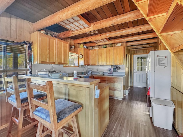 kitchen featuring wood ceiling, beam ceiling, wooden walls, dark hardwood / wood-style floors, and light brown cabinetry