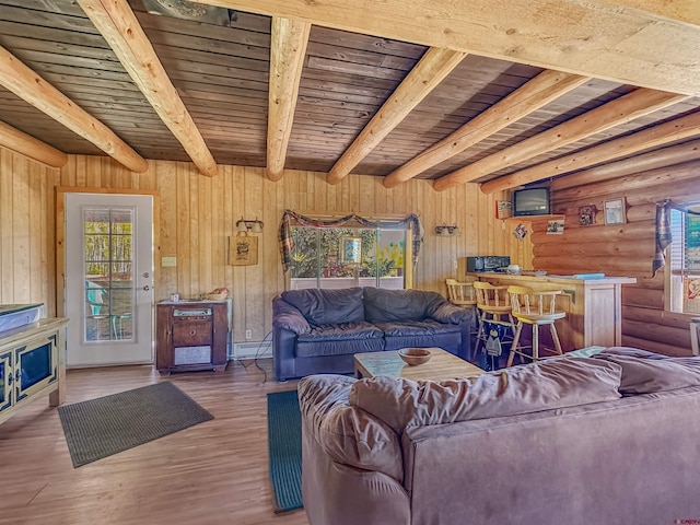 living room with a baseboard heating unit, beamed ceiling, hardwood / wood-style flooring, wooden walls, and wooden ceiling