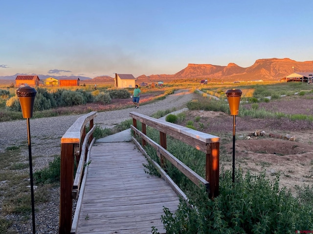 view of dock featuring a mountain view