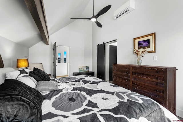 bedroom featuring ceiling fan, beamed ceiling, high vaulted ceiling, a barn door, and a wall unit AC