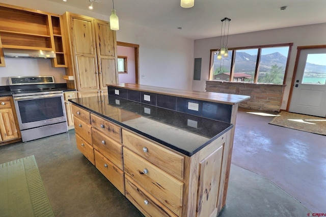 kitchen with light brown cabinets, a kitchen island, decorative light fixtures, range hood, and stainless steel electric range oven