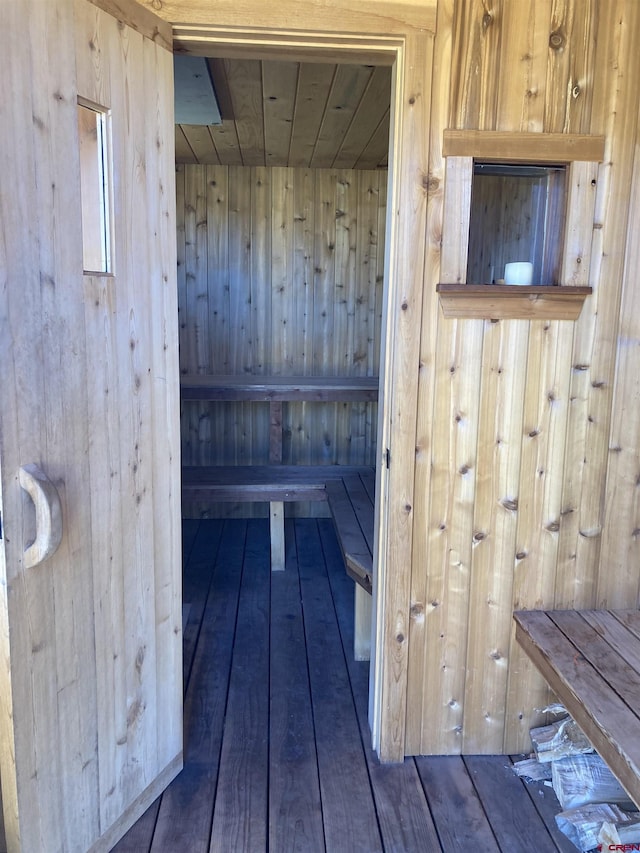 view of sauna with hardwood / wood-style floors