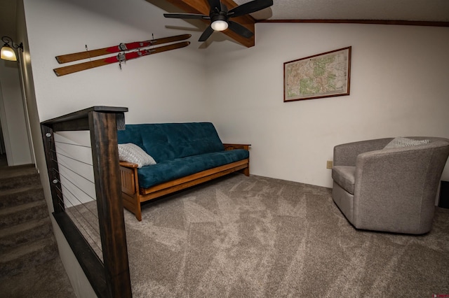 sitting room featuring carpet, lofted ceiling, and ceiling fan