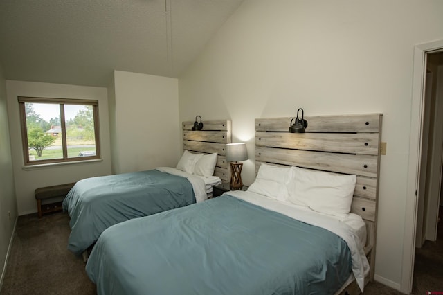 bedroom with lofted ceiling and dark carpet