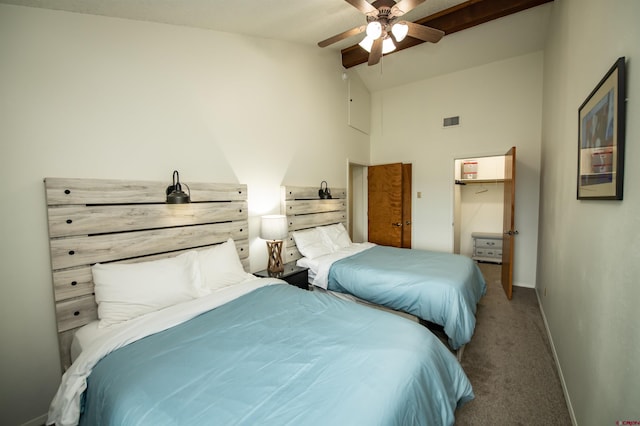 bedroom featuring high vaulted ceiling, ceiling fan, and carpet flooring