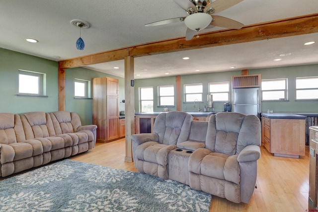 living room with ceiling fan, light hardwood / wood-style flooring, sink, and plenty of natural light